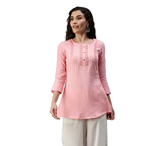 Image of SheWill Cotton Blend Stripe Print Embroidered A-Line Tunic