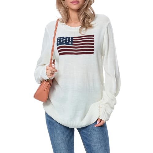 Image of Womens American Flag Sweater Long Sleeve Crew Neck Star Graphic Knit Pullover Tops Casual Loose USA Sweater