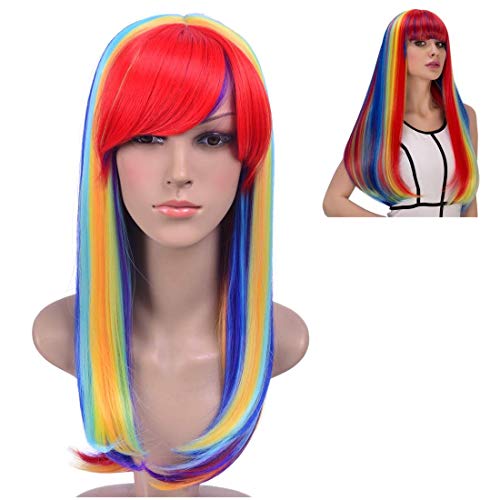 Beauty Wig World 20" Straight Rainbow Wigs with Bangs Charming Red Yellow Blue Synthetic Colorful Cosplay Wig SXL2526