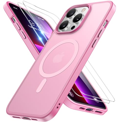 Image of Miracase Magnetic for iPhone 13 Pro Max Case 6.7 inch (Compatible with MagSafe)(with 2X Screen Protectors) Military-Grade Protection, Anti-Fingerprint Translucent Matte Phone Case Cover, Mes Pink
