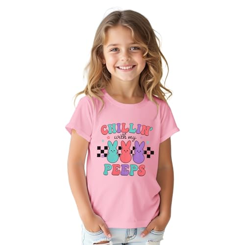Image of Girls Easter Bunny Shirts Chillin with My Peeps Letter Print T-Shirt Cute Rabbit Short Sleeve Tee Tops