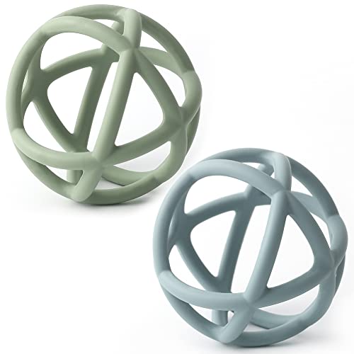 Image of Teething Toys, TOPGOMES Baby Teether Toys, BPA Free Silicone Soft Ball Easy to Hold Teether for Babies Ages 6 Months+ 2 Pack (Sage+Ether)