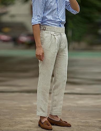 Snoly Men'S Summer Retro Lightweight Linen Gurkha Trousers Tapered Leg Straight Flat Front Chino Pant  thumb #1