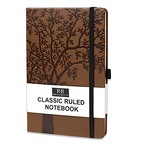 RICCO BELLO College Ruled Hardcover Lined Lay Flat Journal Notebook - Vegan Leather, Elastic Closure, Pen Loop, Bookmark, Inner Pocket, 192 Lined Pages, 5.7 x 8.4 inches (Art Tree)