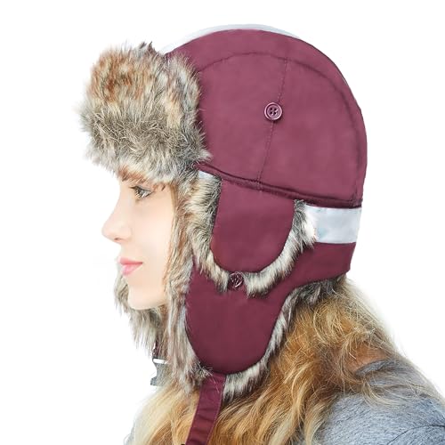 Image of Faux Fur Safety Reflective Aviator Trapper Hat Snow Ski Trooper Winter Cap