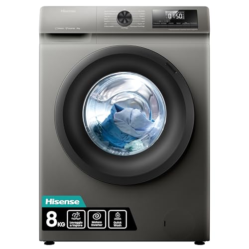 Hisense WFQP8014EVMT - Lavatrice a Carica Frontale 8 Kg, 1400 rpm, Classe energetica A, 15 Programmi, Vapore, Display LED, Programma Rapido, Partenza Ritardata, Child Lock, Titanium Grey