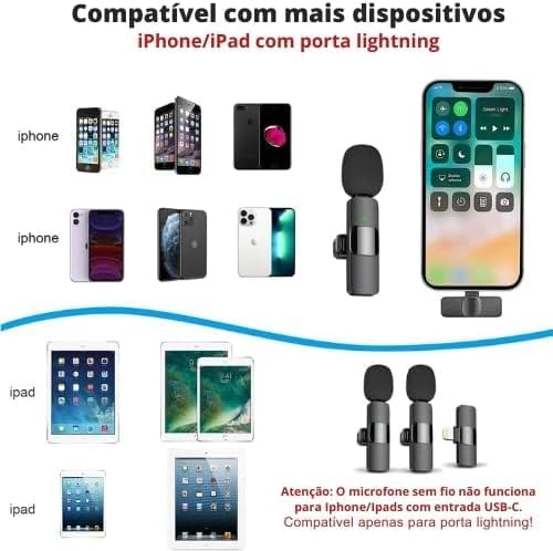 Kit 2 Microfones de Lapela Sem Fio Wireless Profissional K9 - Compatível com iPhone e iPad, Alcance