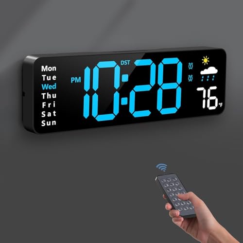 Image of Digital Wall Clock Large Display with Remote Control Corded LED Alarm with Date Week Temp Humidity Auto Countdown for Living Room Bedroom Classroom Office (Orange) (6665 Blue)