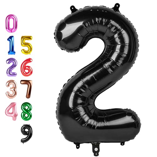 Image of 2 Balloon 40 inch Black Number Balloons for 2nd Birthday Party Decoration | Saturated Color, Large 40 inch, With Inflation Straw & Hanging Holes, Great for Men's Birthday, Gothic Theme Party, Halloween