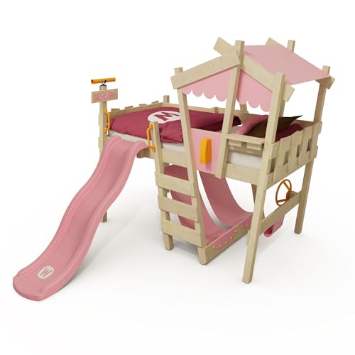 Wickey Kinderbett Hochbett Crazy Snuggy - mit pastellpinker Rutsche & pastellpinker Plane