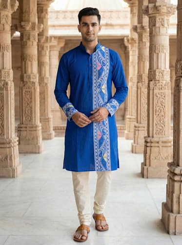 Image of Men's Jamdani Printed Kurta Pajama Set | Pure Cotton Ethnic Kurta with Mandarin Collar & Dupion Silk Pyjama | Festive & Weddings 303A12A 303SB12B(M XXL)