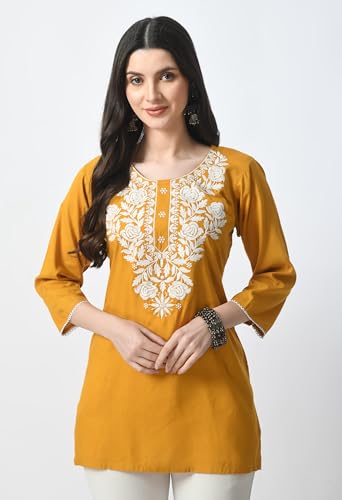 Image of LIBOZA Kurti for Women - Short Chikankari Kurtis for Girls, Lakhnawi Tunic Top Kurta Design for Ladies, Woman Ethnic Kurthis & Shirt with Sleeve