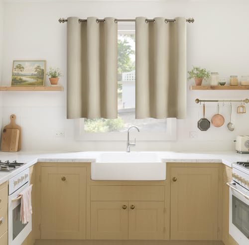 Image of YoungsTex 40 Inches Length Beige Blackout Curtains for Kitchen Window - Short Thermal Insulated Drapes with Grommet Room Darkening Privacy for Bathroom Bedroom, 2 Panels, 42 x 40 Inch