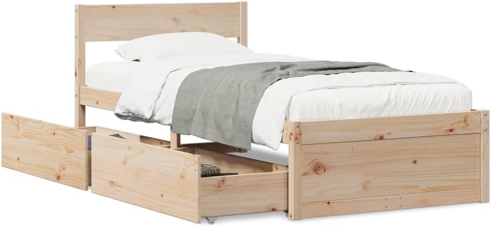 Solid Wood Bed without Mattress 90 x 190 cm Pine Wood Modern Rejuvenated Solid Wood Bed with Storage Space