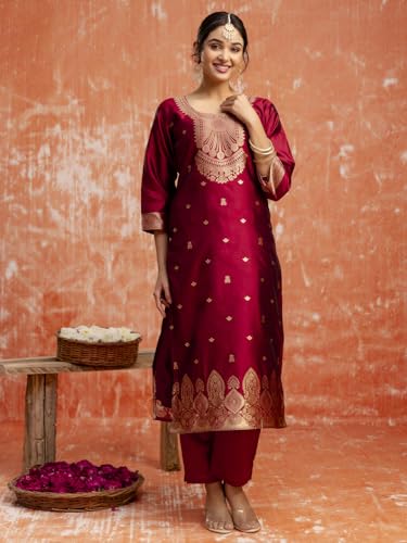 Image of VredeVogel Women's Cotton Silk Blend Zari Work Kurta Pant Set with Jacquard Silk Dupatta | Modern & Traditional Blend Ethnic Wear Set