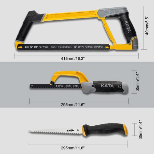 Kata Hacksaw Frame Set, 12“ Hacksaw Frame, 10'' Mini Hacksaw And Drywall Saw/Jab Saw, Including 4Pc Extra Flexible Bi-Metal Hss Blades, Handsaw For Metal, Wood, Pvc Pipes #TOP1