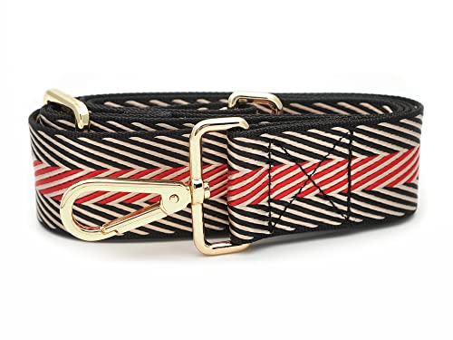 Image of CRAFTMEMORE Wide Shoulder Strap Zigzag Pattern Adjustable Bag Handle Crossbody Nylon Belt Replacement JK17 (Black, Gold Clasp)