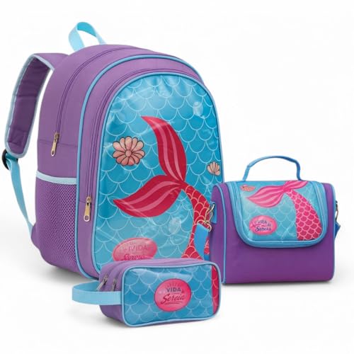 Kit Mochila Costas Escolar Infantil Passeio Sereia Grande Menina+ Lancheira Transversal + Estojo Duplo