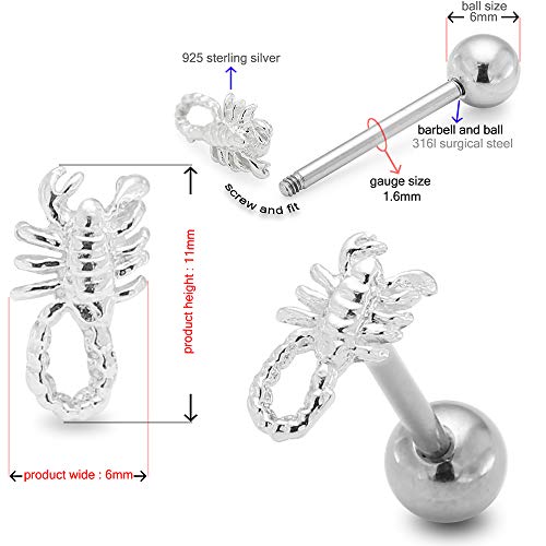 925 Sterling Silver Scorpion Top With 14 Gauge 316L Surgical Steel Barbell Tongue Piercing Jewelry #TOP1