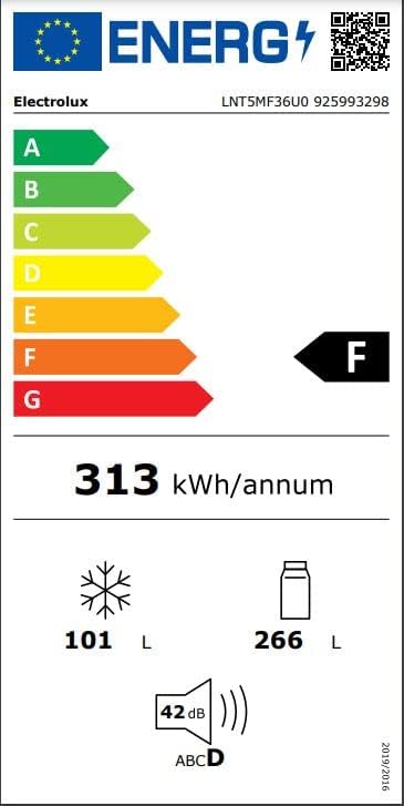 Energy efficiency label for Electrolux LNT5MF36U0 refrigerator, indicating class F and energy consumption.