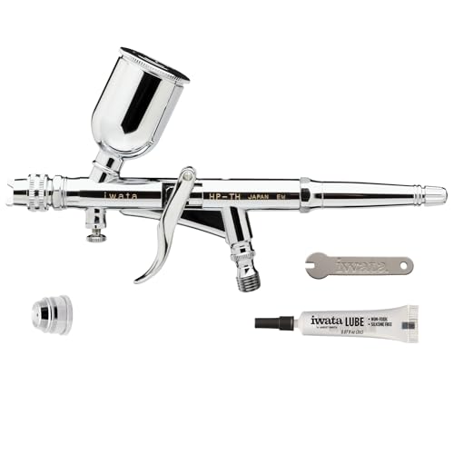 Iwata Hi-Line HP-TH Trigger Airbrush Gun Gravity Feed Dual Action H5 Nozzle-Needle, ½ oz Fluid Cup, Round and Fan Air Caps, Special Effects, Hobby, Terrain, Auto-Graphics