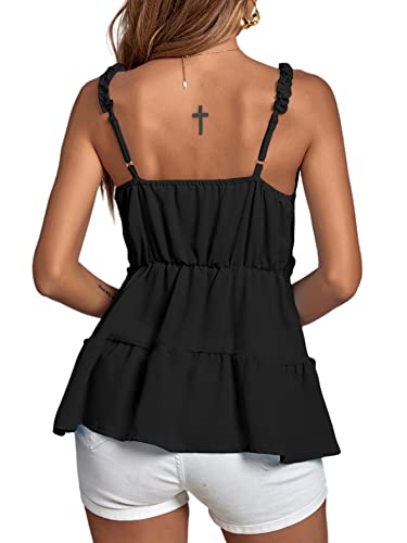Lyaner Women's Deep V Neck Flared Ruffle Hem Sleeveless Babydoll Cami Top Black Medium #TOP1