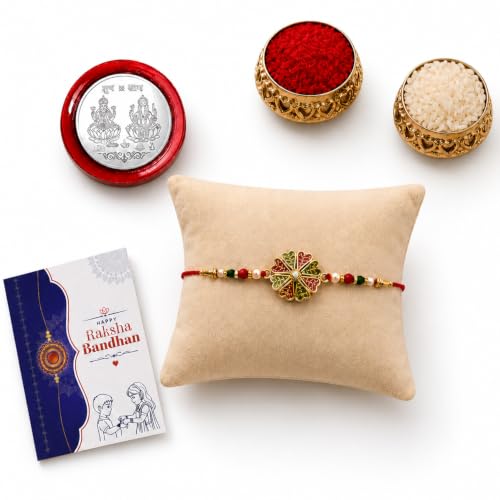 Image of Garth Designer Multicolor Rakhi for Brother - Handmade Raksha Bandhan Thread Bracelet with Silver Color Pooja Coin, Tilak Set & Greeting Card, Traditional Festival Gift for Bhai (Set of 1)