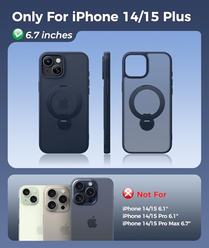 Image of FNTCASE for iPhone 15 Plus Case: iPhone 14 Plus Phone Case [360 Spin Magnetic Stand] [Compatible with Magsafe] [Screen Protector] Translucent Matte Military Grade Shockproof Phone Cover - Deep Blue