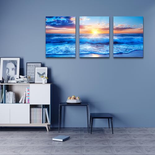 DZRWUBHS Ocean Wall Art For Living Room Canvas Wall Decor For Bedroom Office Decorations Blue Beach Sea Wave Paintings Sunrise Seascape Wall Pictures Canvas Artwork Home Decor Ready To Hang 3 Piece