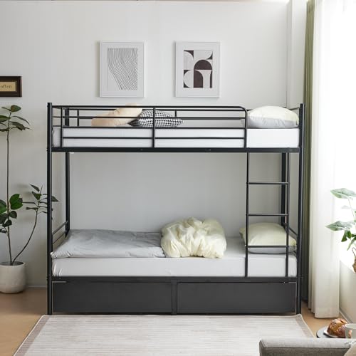 Bonnlo Metal Bunk Bed with 2 Drawers, 3FT Single over Single Loft Bed Frame with Ladder and Safety Guardrail, Home Bedroom Dorm Apartment Furniture Space-Saving Bunk Bed for Kids Teens Adults (Black)