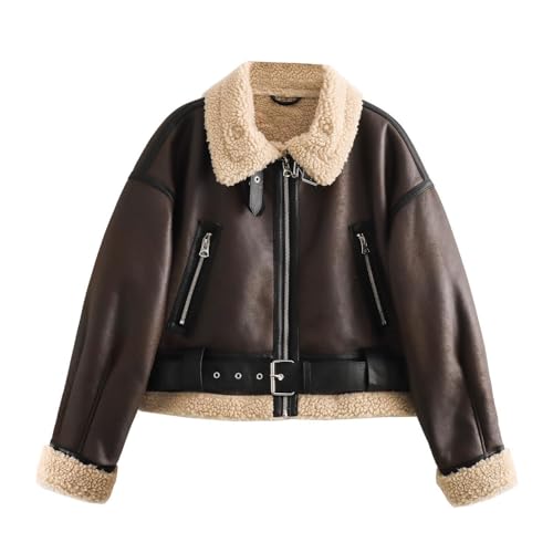 Women's Winter Shearling Short Faux Leather Jacket Aviator Zip Up Moto Patchwork Coat,Brown,L
