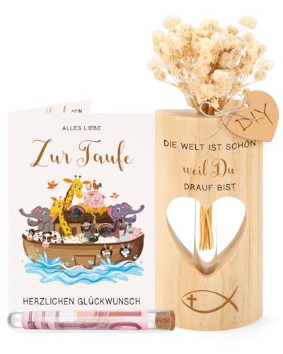 PRSTENLY Taufgeschenke für Mädchen Jungen, Geldgeschenk Verpackung Taufe, Reagenzgläser Kunststoff für Geld & Blumen Mit Ständer Holz+Trockenblumen+A6 Taufkarte Junge Mädchen