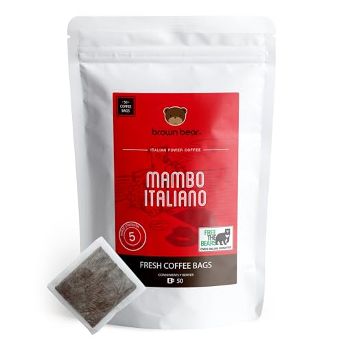 Strong Dark Roast Coffee Bags - Pack of 50 - Brown Bear Mambo Italiano Strong Espresso Blend - Strength 5 - Donation to Free The Bears - Individual Arabica Ground Coffee Bags Like Tea Bags