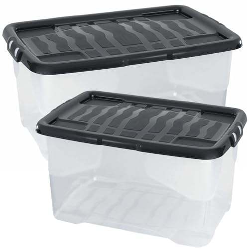 STORM TRADING GROUP 4 x 42 Litres Curve Plastic Storage Boxes With Clip-On Lids Multi Storage Box For Home & Office Storage Solution - Clear/Black Lid