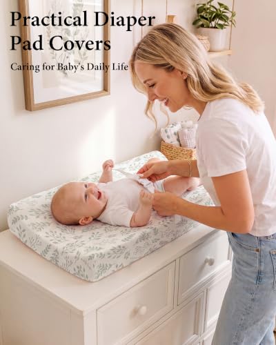 Image of Yoofoss 2-Pack Diaper Changing Pad Cover for Boys Girls 32x16 (Green+Leaf)