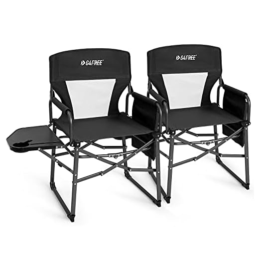 G4Free 2Pcs Camping Chairs, Heavy Duty Directors Chairs Foldable with Side Table Supports 300LBS, Lawn Chairs Folding Camp Chair for Outside with Handle for Fishing Beach Sports Adults Trip Black