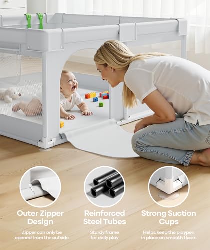 Image of Fodoss Baby Playpen for Babies and Toddlers, 50x50in Small Play Pen, Grey | Breathable Mesh Play Yard for Indoor & Outdoor, Sturdy Safety Play Area with Pull-Up Rings
