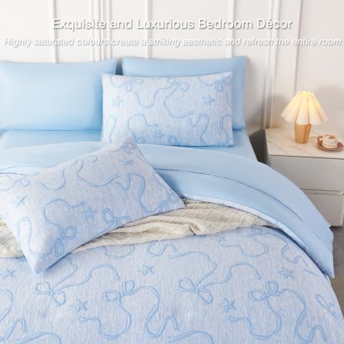 Image of PERFEMET Full Bedding Set for Girls Light Blue, 5 Pieces Aesthetic Embossed Bow Comforter Set with Sheets, Soft All Season Cute Bowknot Jacquard Bed in a Bag Women Boho Bedroom Decor