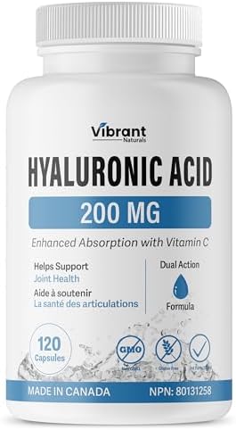 Ultra High Purity Hyaluronic Acid Supplement - 95%+ Highly Purified and Highly Bioavailable, 200mg Formula, Skin & Joint Health, With Vitamin C, Non-GMO Fermentation, Made In Canada, 120 Capsules