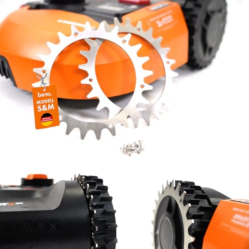 BEOS® PREMIUM EDELSTAHL Spikes für Worx Landroid S/M -Poliert -Gesenkte Schraubenlöcher-Entgratet- 12x Edelstahl Schrauben- Traktionsverbesserung für Mähroboter – Rasenmäher Roboter Radgröße 205 mm
