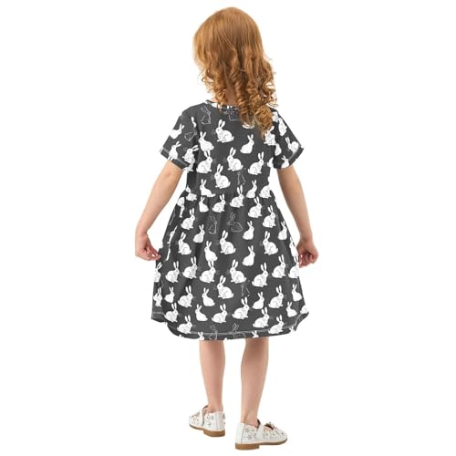 ALAZA White Rabbit Bunny Black Girls Dress Short Sleeve Toddler Casual Dresses Summer Sundress 2-8T3