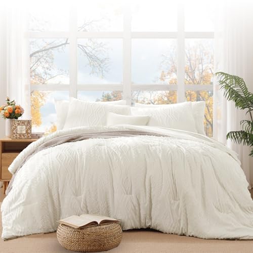 Image of Full Size Comforter Set- 7 Pieces Tufted Bed in a Bag Full Bedding Sets | All Season Shabby Chic Boho Bedding with Comforter, Sheets, Pillowcases & Shams, White