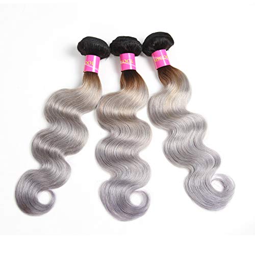 Unprocessed Brazilian Virgin Hair Brazilian Remy Hair Ombre Body Wave Bundles 3 pcs 10 12 14 inch 100 g/pcs Total 300 g Human Hair Extensions Hair Weaving (10 12 14, 1B/Silver gray)
