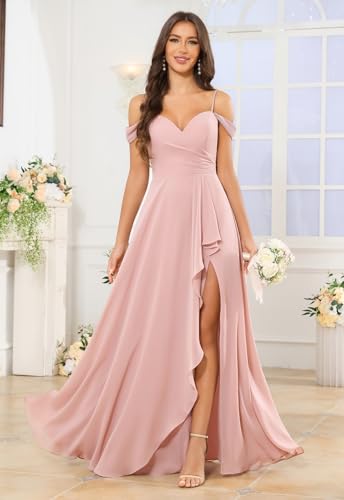 SOLODISH Off The Shoulder Bridesmaid Dresses Long A Line Ruffle Chiffon Formal Evening Gown2