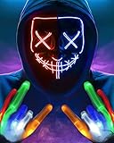 LED Purge Mask light up Skeleton Gloves Costumes, Light Up Halloween Mask and LED Gloves,Anonymous Hacker Scary Scream Halloween Mask Cosplay, Halloween Purge Costume for Men Kids Boys-( Red & Blue)