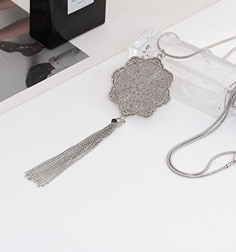 MOLOCH Long Necklaces For Woman Disk Circle Pendant Necklaces Tassel Fringe Y Necklace Set Statement Pendant (floral-shaped-silver) - Thumbnail 6