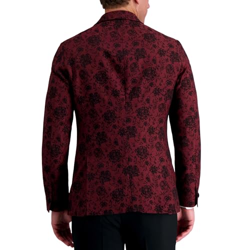 J.M. Haggar Men's Slim Fit Pattern Peak Lapel Tuxedo Dinner Jacket, Floral Burgundy2