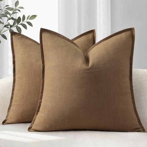 YCOLL Housse de Coussin50x50 Lot de 2 Douces et Confortables Housses en Lin Naturel Coussin de Canapé Uni Housses de Coussin Modernes avec Bordure Coussin...
