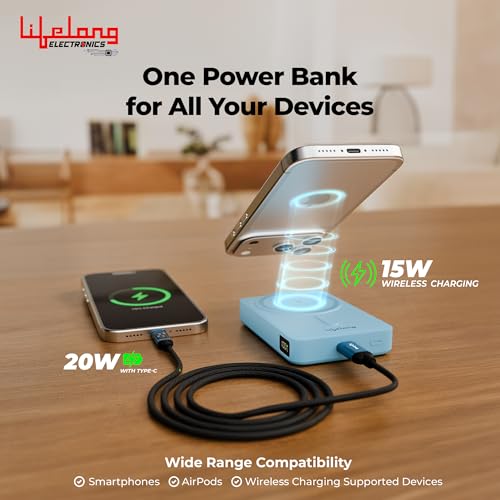 Image of Lifelong Electronics 10000mAh MagSafe Wireless Power Bank | Powerbank for iPhone & Apple AirPods | Works as Mobile Phone Stand | Supports Wired Fast Charging | Has Metal Stand, Battery Display & Cable