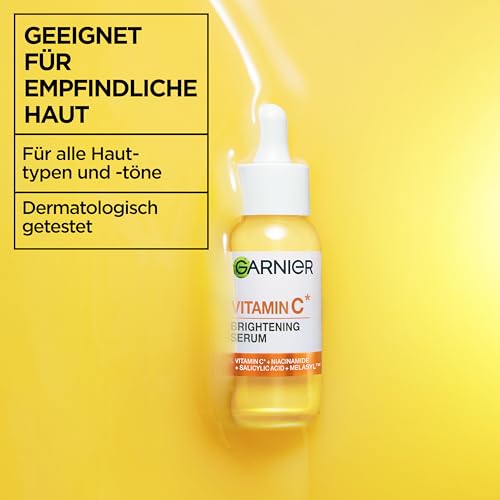 Garnier Vitamin C Aufhellendes Serum gegen Pigmentflecken, Gesichtsserum mit 4 Prozent Vitamin C, Niacinamid, Salicylsäure und Melasyl, für einen strahlenden Teint, für alle Hauttypen, 1 x 30 ml